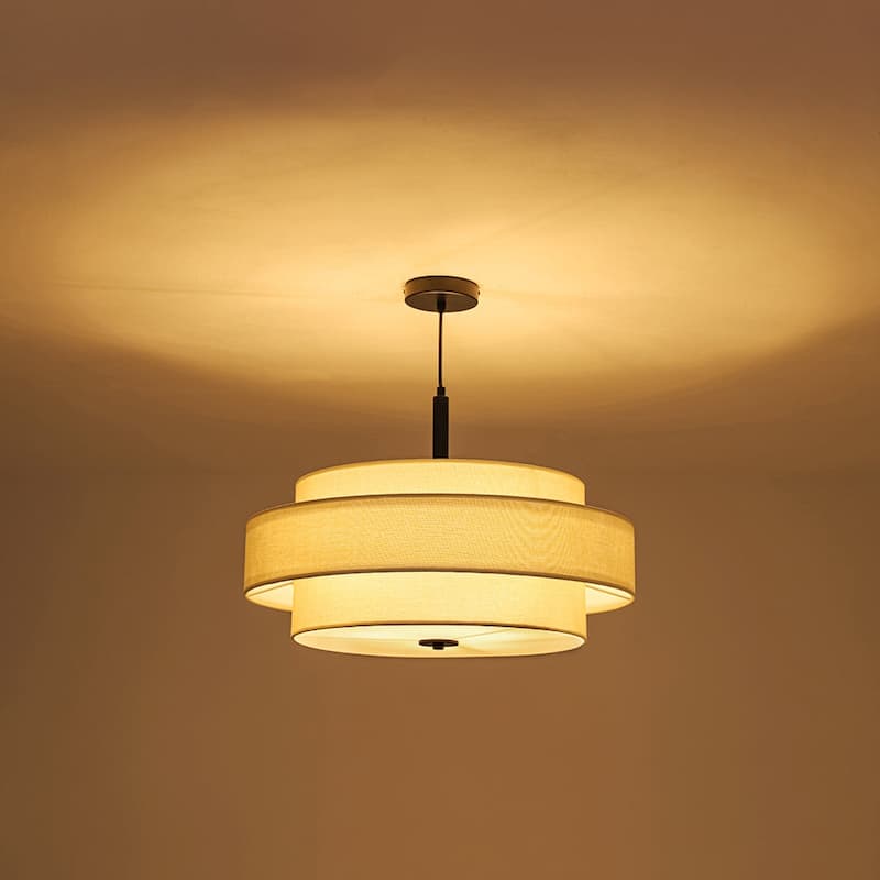 Linen Fabric Tiered Drum 3-Light Hanging Coastal Pendant - 23.6 in