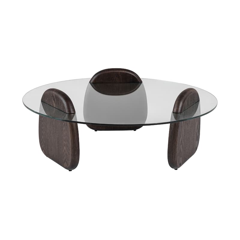 Cid 43 Inch Round Coffee Table, Dark Walnut Brown Wood, Glass Top