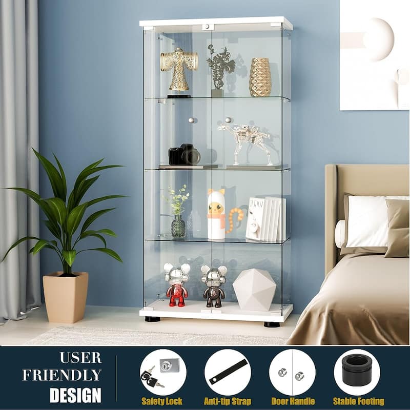 Glass Display Cabinet 4-Shelf 2 Doors with LED Push Light Lockable, 5mm Tempered Glass Floor-Standing Glass Bookshelf