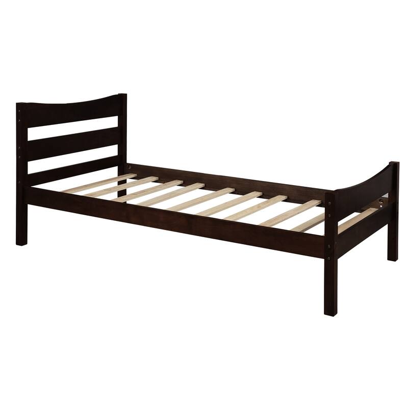 Twin Size Wood Platform Bed with Curved Headboard and Footboard, Classic Pine Wood Platform Bed Frame with Slat Support