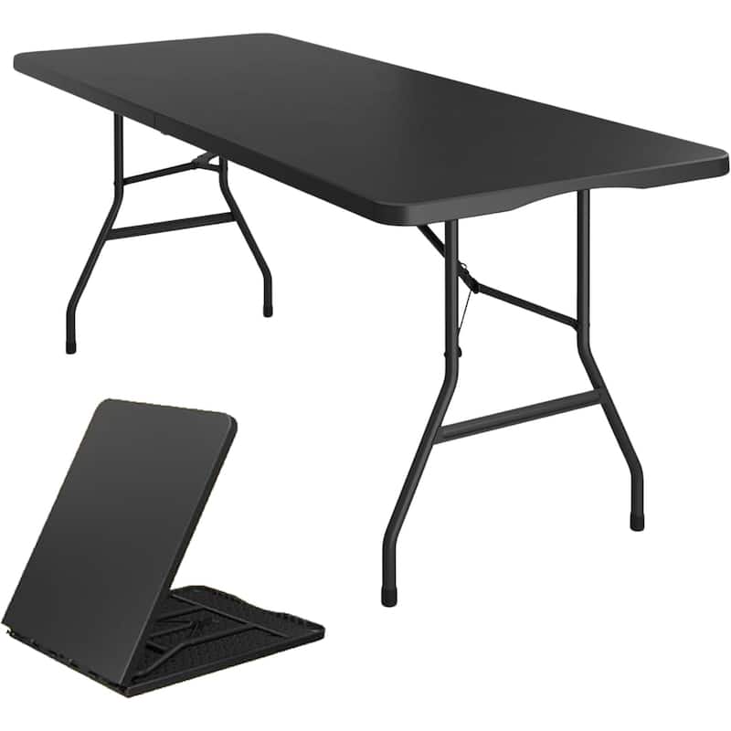 Utility Table 6 Feet 72" x 29.5" Half Folding Lightweight Portable Carrying Handle, Indoor Outdoor Camping,One,Black - Black