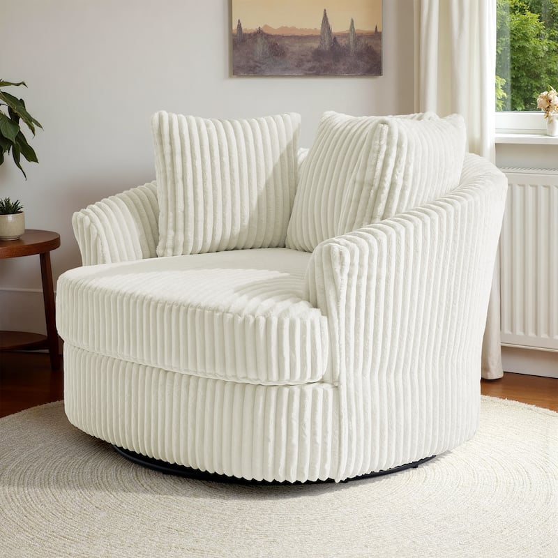 Oversized 43" W Plush Corduroy Recessed Arm Swivel Barrel Chair