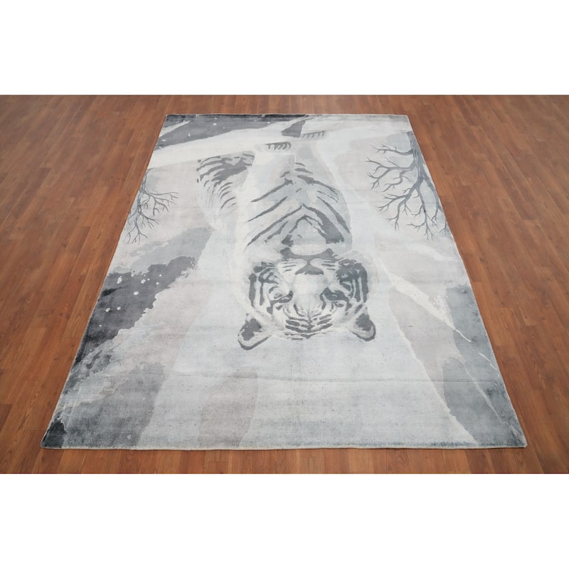Hand Knotted Oriental Viscose Silk Carpet Modern Animal Pictorial Greys & Charcoal Abstract Area Rug - 7' 7'' X 5' 8''