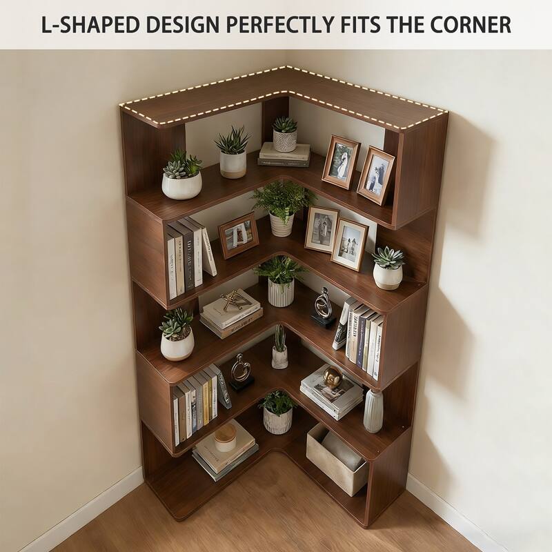 66" Tall 6-Tier Corner Bookshelf - L-Shaped Wooden Bookcase with Baffle, Freestanding Display Shelf for Living Room, Home Office