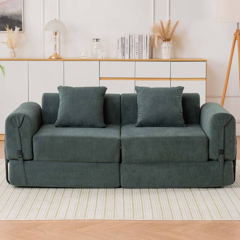 Folding Chaise Longue Sofa Fold Out Loveseat Floor Couch, Convertible Sleeper Sofa Bed Modular Leisure Sofa - Green