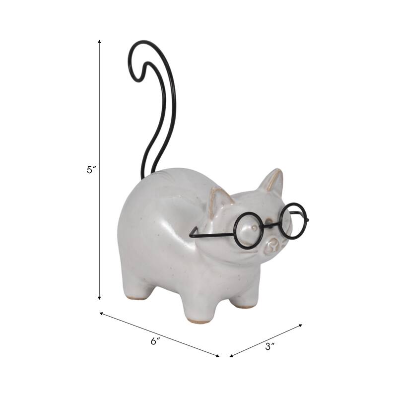 6" Ceramic Kitten with Glasses Figurine, Contemporary White and Black Standing Cat Decorative Accent For Home - 6" x 3" x 5"