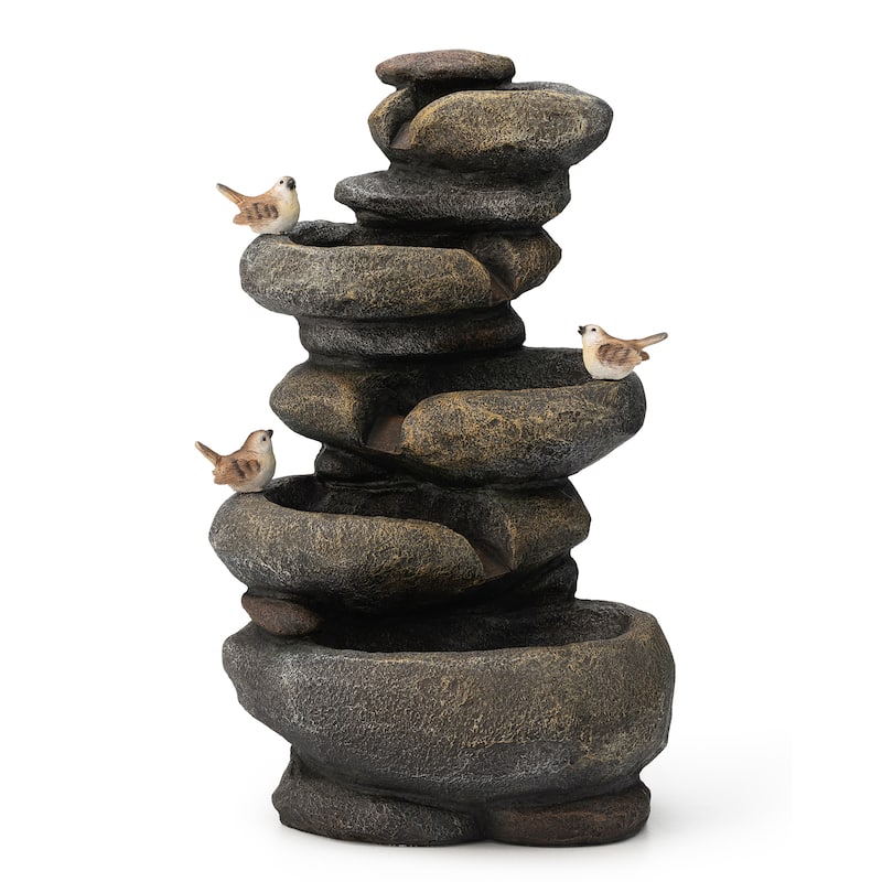 Glitzhome 24-inch Outdoor 2-tier Faux Pebbles Polyresin Birdbath Fountain with Pump