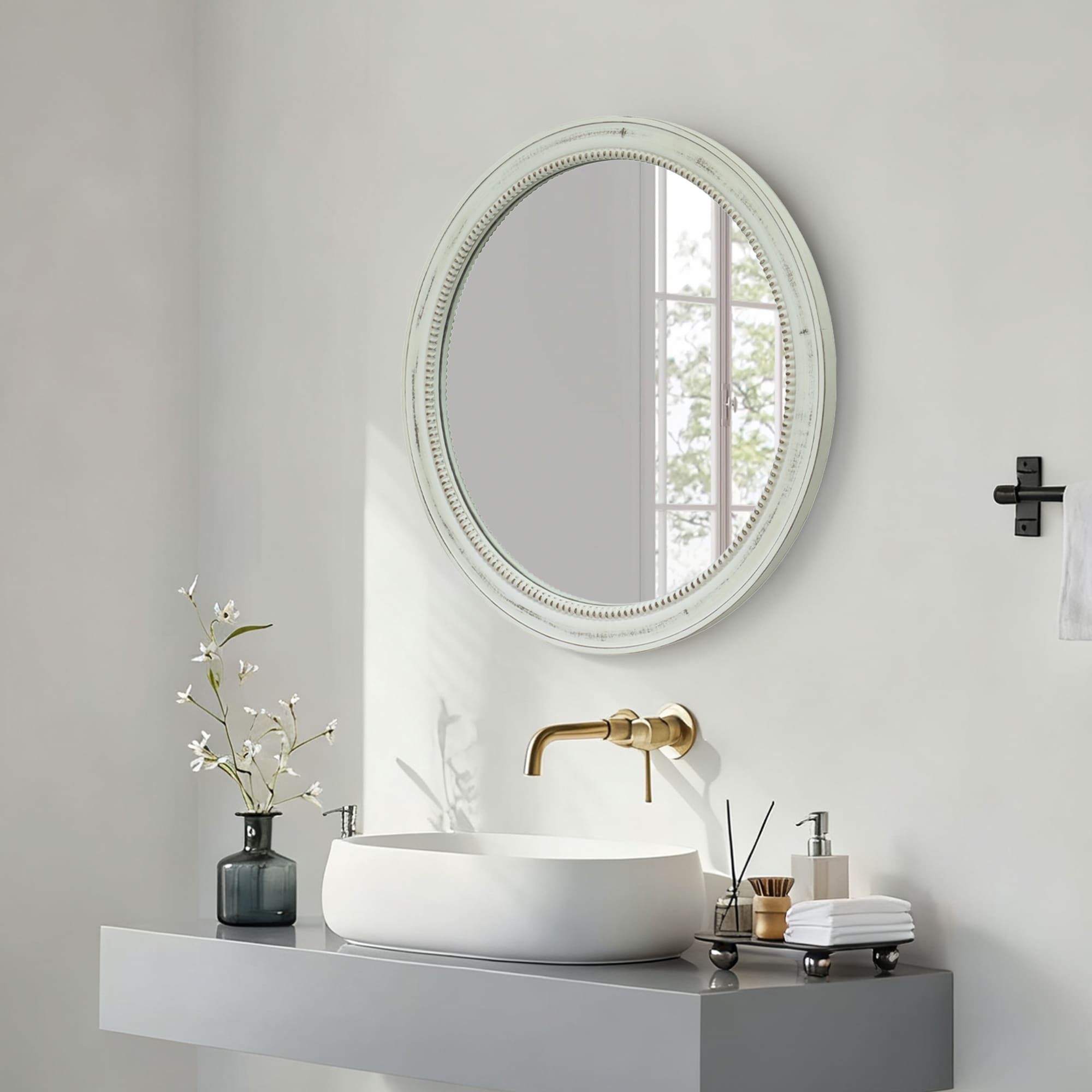 Round Distressed White Wood Beaded Wall Mirror - Natural Wood