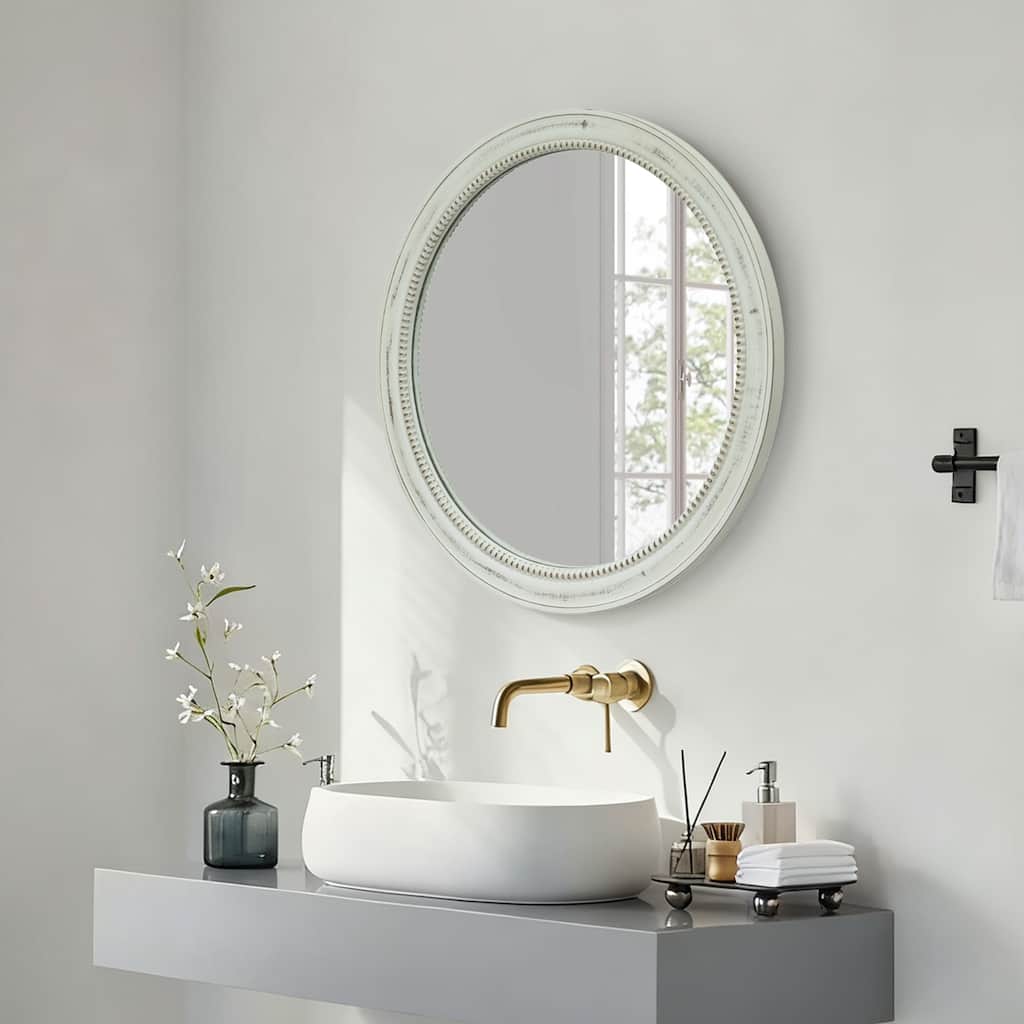 Round Distressed White Wood Beaded Wall Mirror - Natural Wood