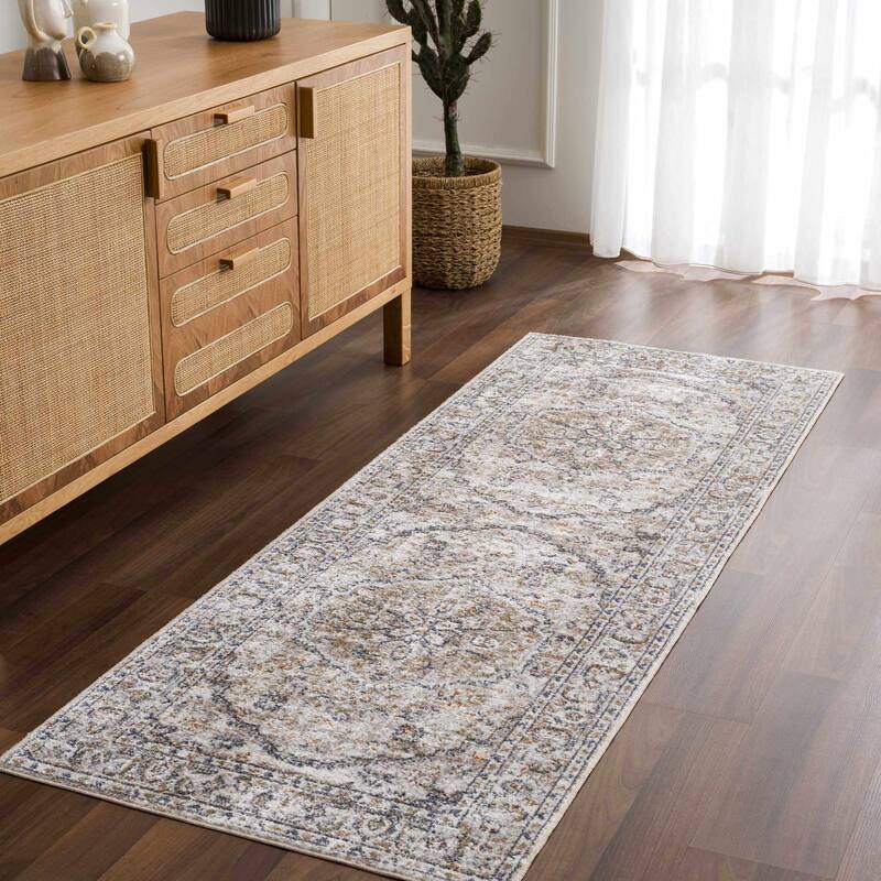 Hauteloom Manhattan Machine Washable Oriental Persian Medallion Vintage Distressed Area Rug - 2'7" x 7'3" - Blue, Tan, Cream, Ivory, Orange, Mustard