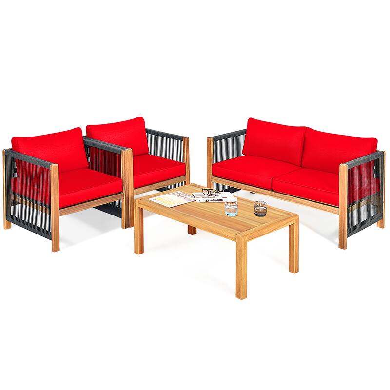 Costway 4PCS Wooden Patio Furniture Set Cushioned Sofa W/Rope Armrest - 4-Piece Sets