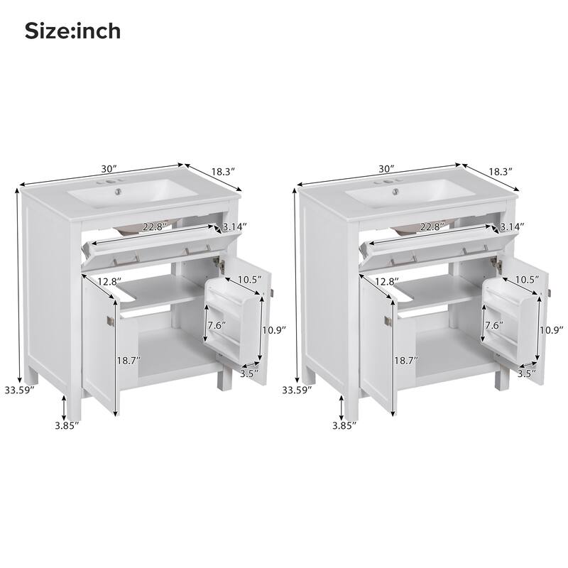 60'' Double Sink Bathroom Vanity with Ceramic Sinks, Solid Wood Frame, Flip Drawer, Adjustable Shelf, Soft-Close Doors