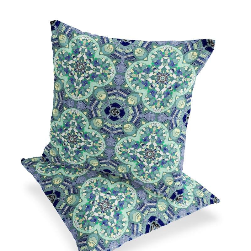 HomeRoots Set of Two 16" X 16" Blue and Green Blown Seam Floral Indoor Outdoor Throw Pillow - 16.00' X '16.00' X '5.00