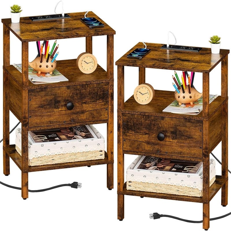 Nightstand Set of 2 with Charging Station and USB Ports - Brown