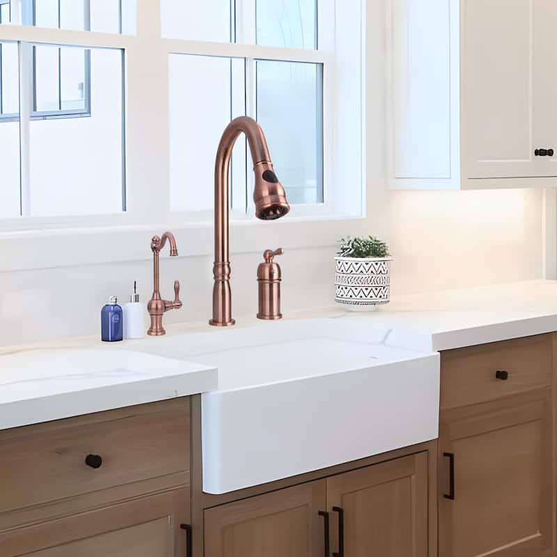 Copper Kitchen Faucet with in-Deck Handle, Single Level Handle and Pull Down Sprayer