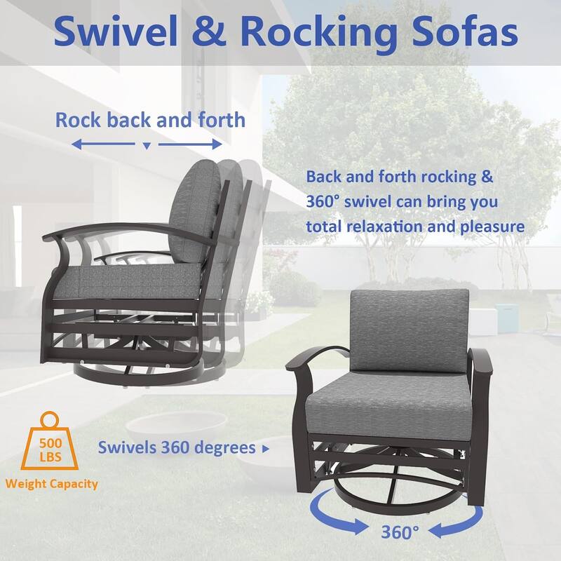 Aluminum Patio Furniture Set with Fire Pit, Ottomans & Rocking-Swivel Chairs, Modular Sofa with Thick Cushions