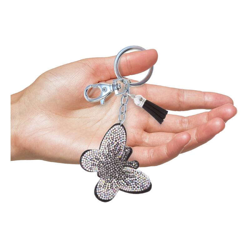 Aqua79 Butterfly Keychain - Grey Sparkling Rhinestones Charm w/ Tassel - 2.25 x 2.25 x 0.25 inches
