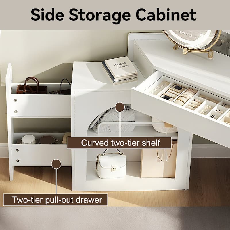 Corner Makeup Vanity with LED Mirror and Stool, Dressing Table with Storage Cabinet, Drawer and Adjustable Lights