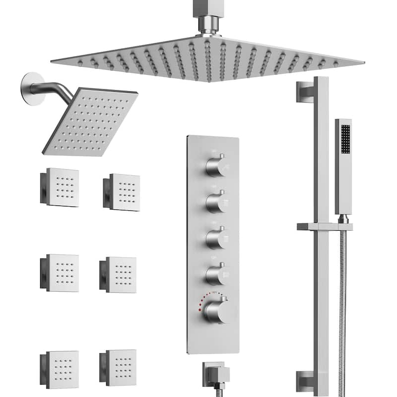 GRANDJOY Thermostatic Bathroom Shower Combo Kit, Dual Showerheads with Handheld and Pressure Balance Control - Brushed Nickel