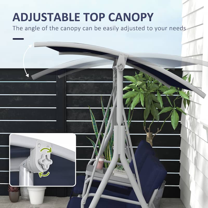 Outsunny 2 Person Porch Swing with Stand, Outdoor Swing with Canopy, Pivot Storage Table, 2 Cup Holders, Cushions for Patio,