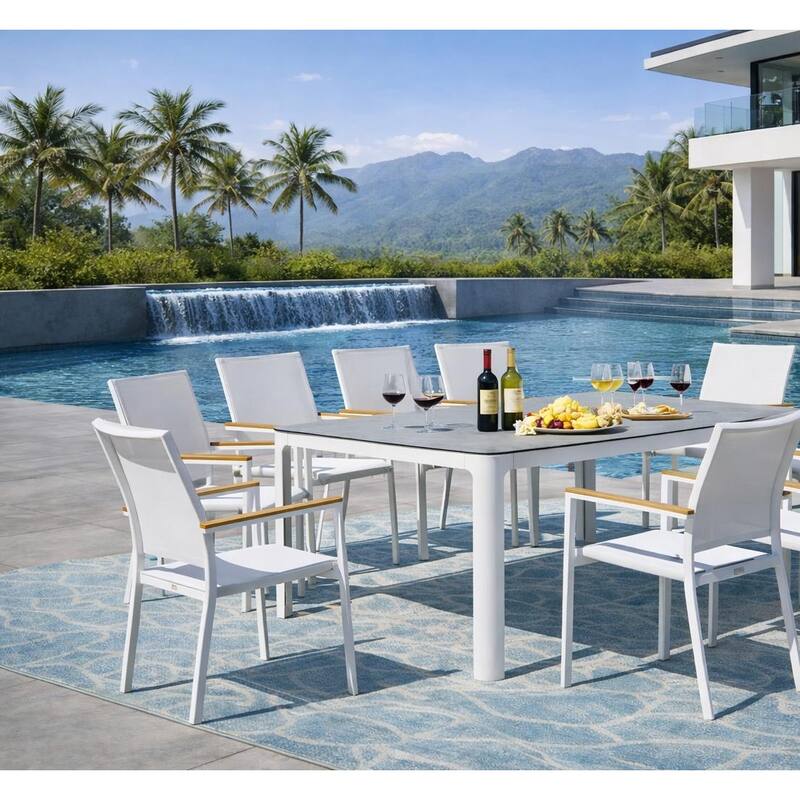 Como White 9-Piece Aluminum Outdoor Dining Set with Sling Set in White - N/A