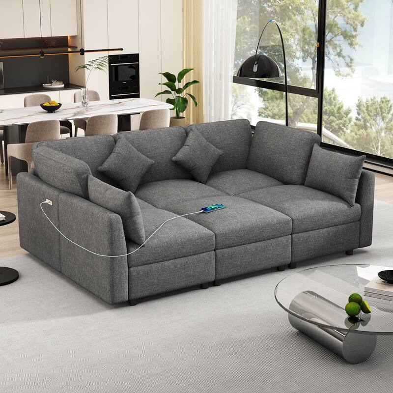 85.4" Grey Chenille Modular Sofa with Ottoman & USB Ports