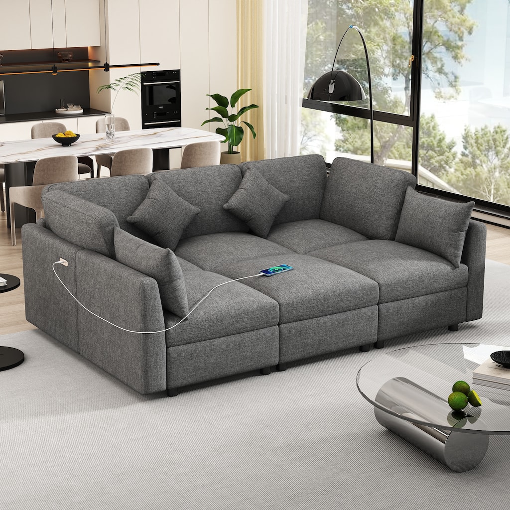Roomfitters 87 Inch Modular U-Shaped Sectional Sofa with Movable Ottoman and USB Ports, Chenille