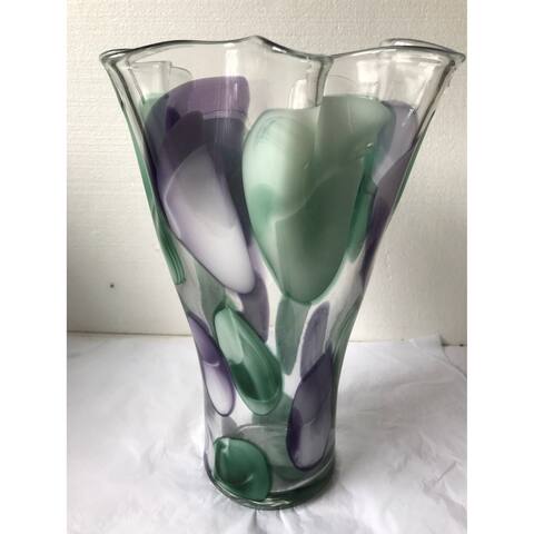14" Green and Purple Spotted Hand Blown Glass Vase