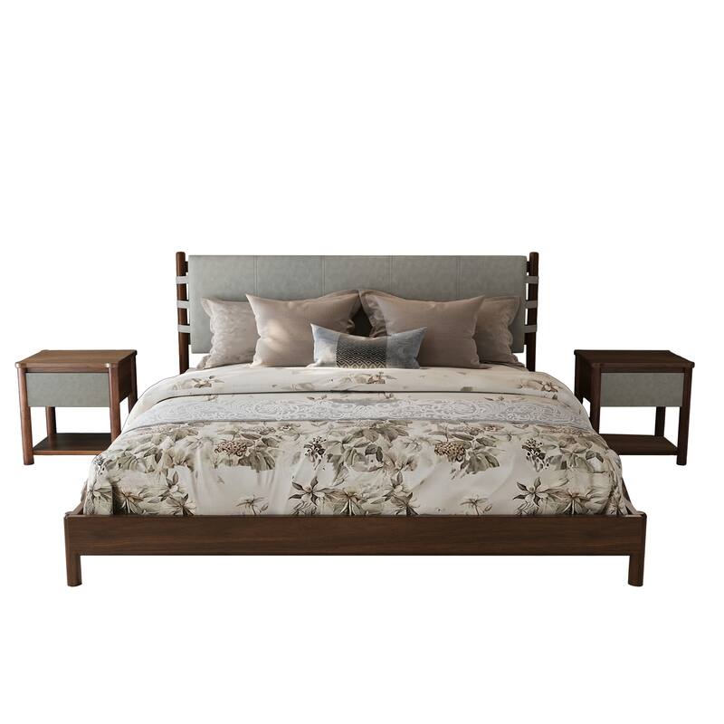 Roomfitters Platform Bed Set with 2 Nightstands, Modern Wood Frame and Matching Bedside Tables