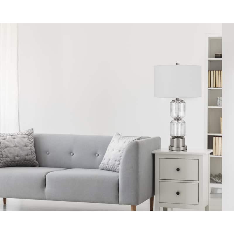 Nickel Metal Table Lamp with White Drum Linen Shade and 3 Way Dimmable Switch - 15” x 15” x 27.75” (D x W x H)