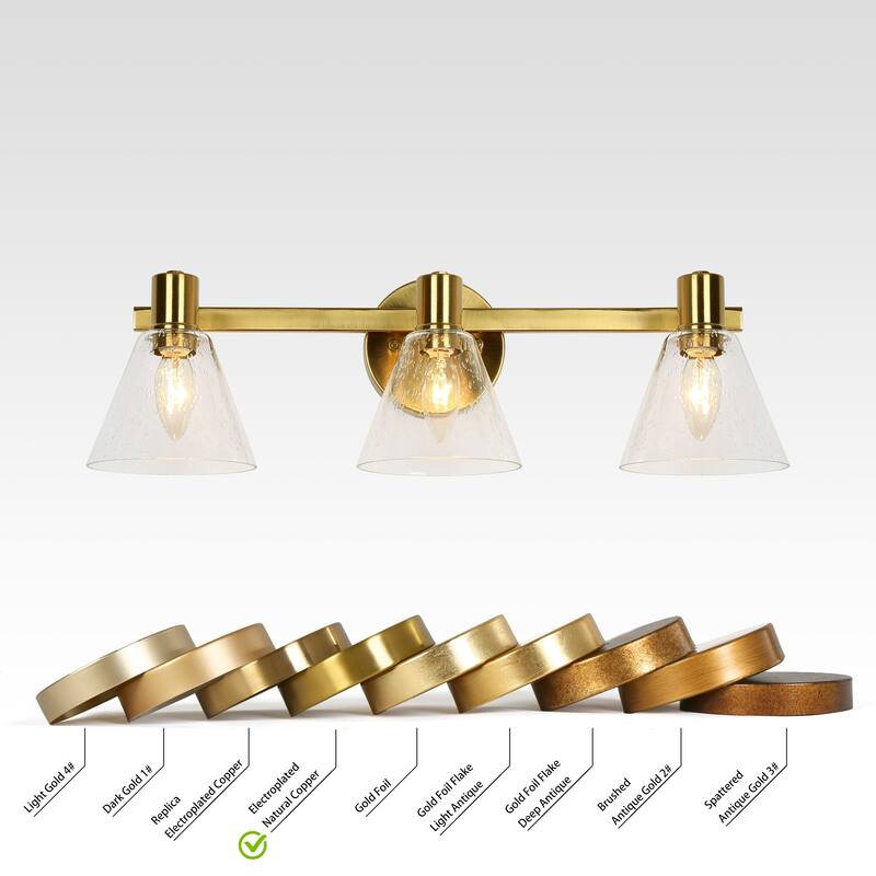 Modern Gold 3-Light Bathroom Vanity Light Seeded Glass Wall Sconce - Electroplated Gold - W21.5"xD6.5"xH7"
