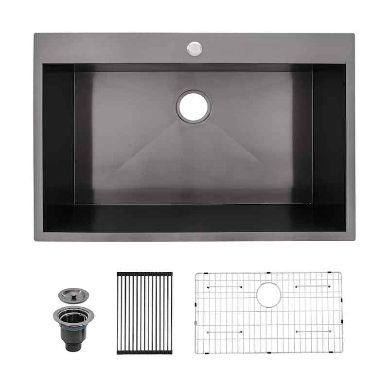 Lordear 30 Inch Top-mount Gunmetal Black Single Bowl 18 Gauge Stainless Steel Drop-in Kitchen Sink - 30x22x9