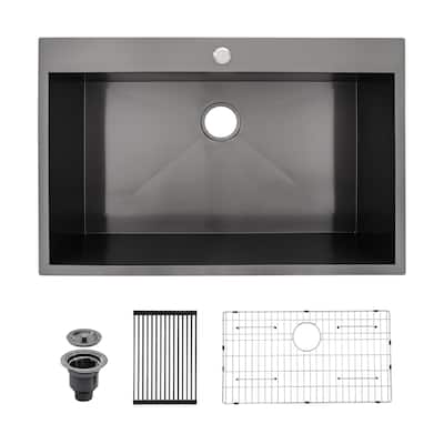 Lordear 30 Inch Top-mount Gunmetal Black Single Bowl 18 Gauge Stainless Steel Drop-in Kitchen Sink - 30x22x9