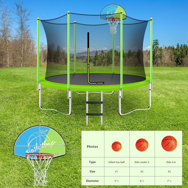 10FT Kids Trampoline with Safety Enclosure, Basketball Hoop and Ladder - Metal Outdoor Fitness Sports Trampoline - Green