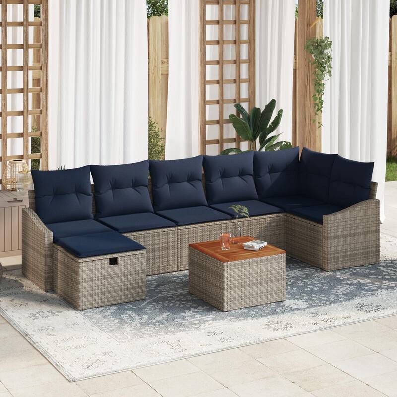 vidaXL 8 Garden Sofa Set with Cushions Black/Grey Poly Rattan - 113.6 x 48.6 x 27.2 - Grey
