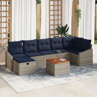 vidaXL 8 Garden Sofa Set with Cushions Black/Grey Poly Rattan - 113.6 x 48.6 x 27.2