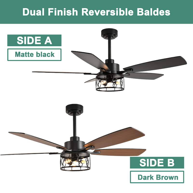 Cusp Barn 52 Inch Industrial Caged Ceiling Fan with Light and Remote, Farmhouse Quiet DC Motor Reversible Chandelier Ceiling Fan