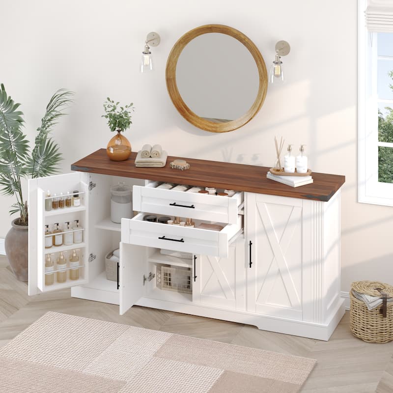 63" Barn Door Storage Cabinet with 2 Drawers & Door Rack, Large Buffet Table Coffee Bar Cabinets with Adjustable Shelves
