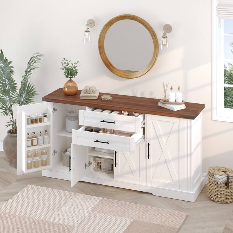 63" Rustic Chic Storage Console - Barn Door Front Cabinet with Dual Drawers & Customizable Shelving System‌
