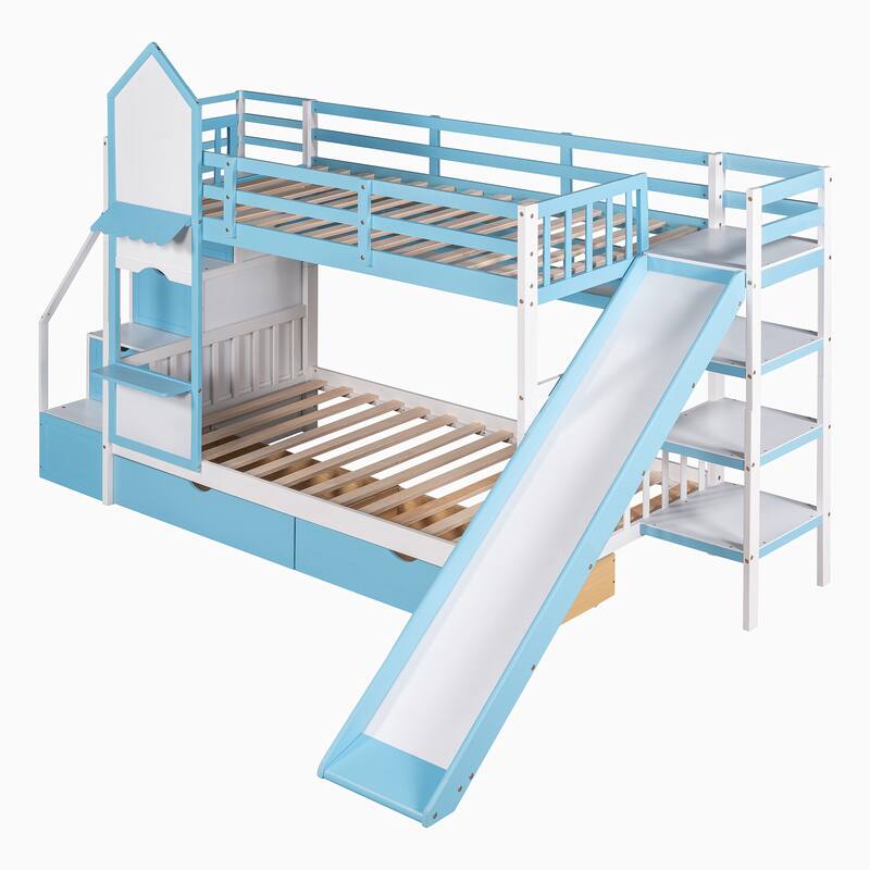 Twin-Over-Twin Wood Bunk Bed with Drawers, Shelves and Slide