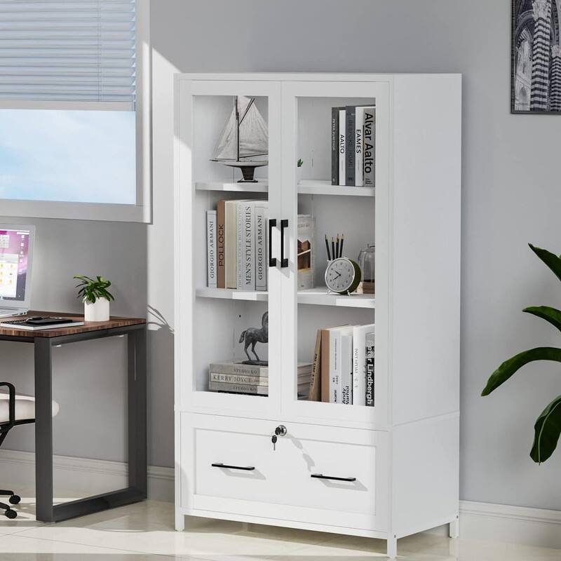 Large Combo Storage Cabinet Display Bookcase Glass Doors Pantry