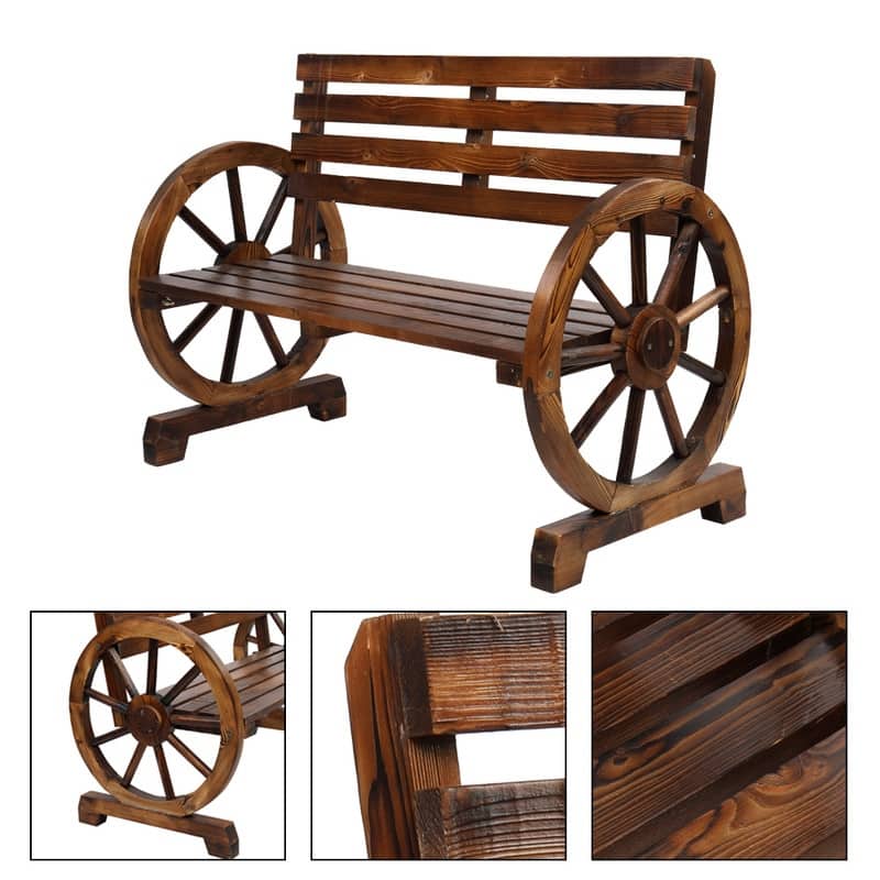 Outdoor Wooden Wagon Wheel Bench with Slatted Seat and Backrest