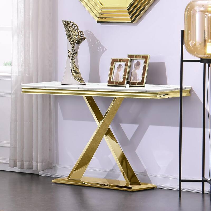 Sofa Entryway Table with X Base and High Gloss Top - White and Gold