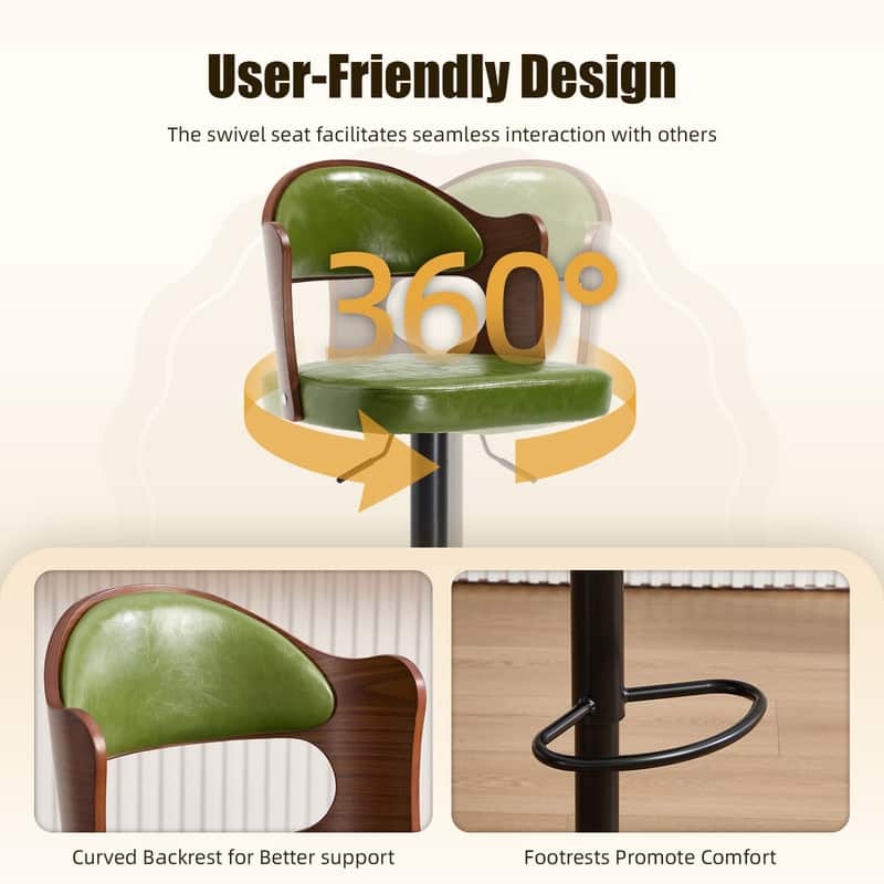 PU Leather Upholstered High-resilience Cushion 360° Swivel Adjustable Height Bar Stools with Footrest(set of 2)