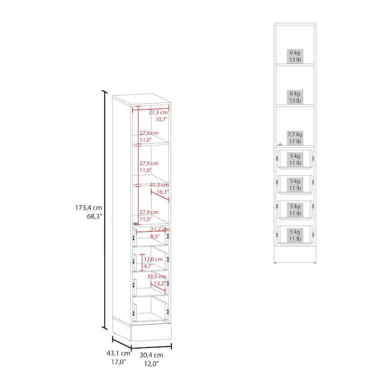 Linen Cabinet 68" H, Three Shelves, Four Drawers and Metal handles