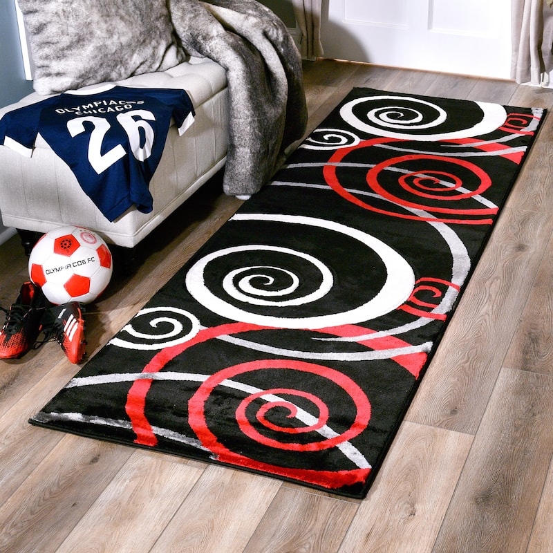 Orelsi Collection Swirl Area Rug - 2'8" x 8'1" Runner - Black/Red