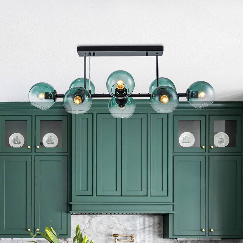 Modern 8-Light Glass Globe Linear Sputnik Island Chandelier Semi Flush - Green Glass + Black Finish