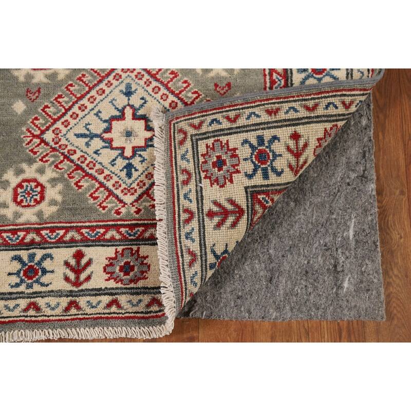 Geometric Kazak Runner Rug Handmade Oriental Grey Wool Carpet - 2'7" x 16'3"
