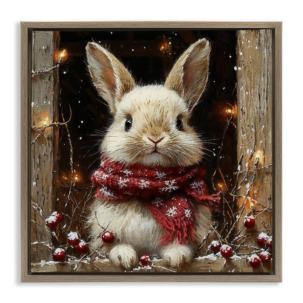 Stupell Bunny with Snowy Holly Berries Framed Floater Canvas Wall Art Design By Riley B