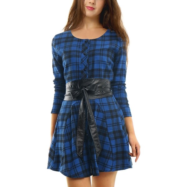 Unique Bargains Women's Single Breasted Long Sleeves Belted Mini Plaids A Line...